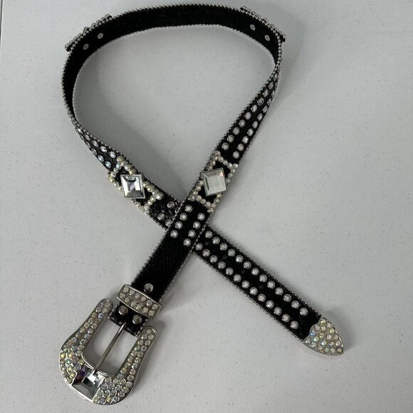 Nocona Black Leather Belt Crystal Rhinestone Aurora Borealis M/L - Picture 5 of 15